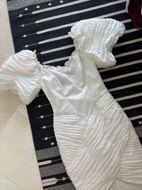 Vintage 80s puff long sleeve off shoulder avant garde mini dress bridal M glam